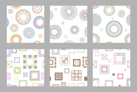 Seamless pattern of geometric shapes. Bright seamless pattern. Set of 6 pat.. 스톡 일러스트