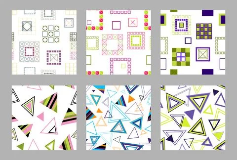 Seamless pattern of geometric shapes. Bright seamless pattern. Set of 6 pat.. 스톡 일러스트
