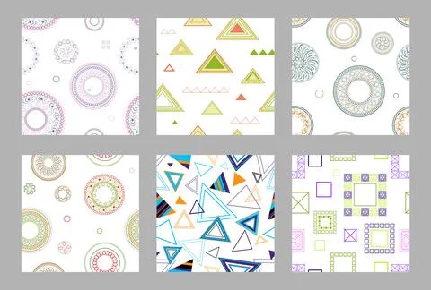 Seamless pattern of geometric shapes. Bright seamless pattern. Set of 6 pat.. Illustrazione stock