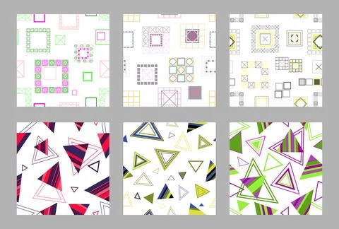 Seamless pattern of geometric shapes. Bright seamless pattern. Set of 6 pat.. Illustrazione stock