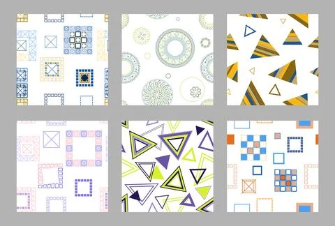 Seamless pattern of geometric shapes. Bright seamless pattern. Set of 6 pat.. Illustrazione stock