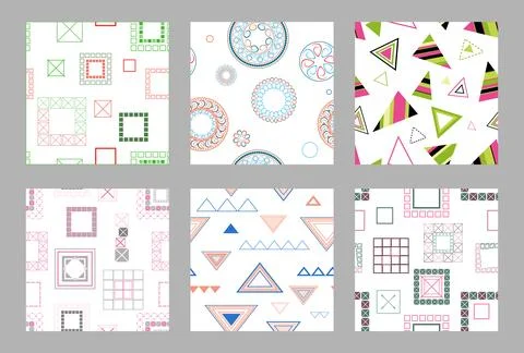 Seamless pattern of geometric shapes. Bright seamless pattern. Set of 6 pat.. Illustrazione stock