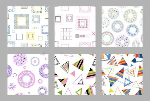 Seamless pattern of geometric shapes. Bright seamless pattern. Set of 6 pat.. 스톡 일러스트