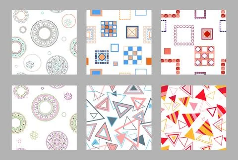 Seamless pattern of geometric shapes. Bright seamless pattern. Set of 6 pat.. Stock Illustration