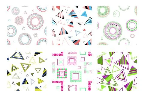 Seamless pattern of geometric shapes. Bright seamless pattern. Set of 6 pat.. Stock Illustration