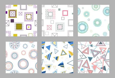 Seamless pattern of geometric shapes. Bright seamless pattern. Set of 6 pat.. Stock Illustration