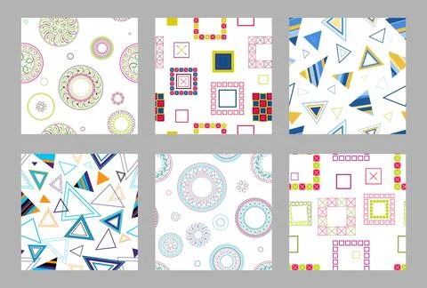 Seamless pattern of geometric shapes. Bright seamless pattern. Set of 6 pat.. Stock Illustration