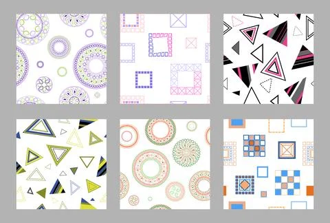 Seamless pattern of geometric shapes. Bright seamless pattern. Set of 6 pat.. Stock Illustration