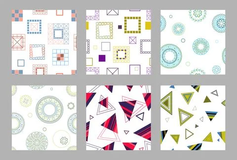 Seamless pattern of geometric shapes. Bright seamless pattern. Set of 6 pat.. Stock Illustration