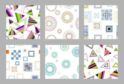 Seamless pattern of geometric shapes. Bright seamless pattern. Set of 6 pat.. Stock Illustration