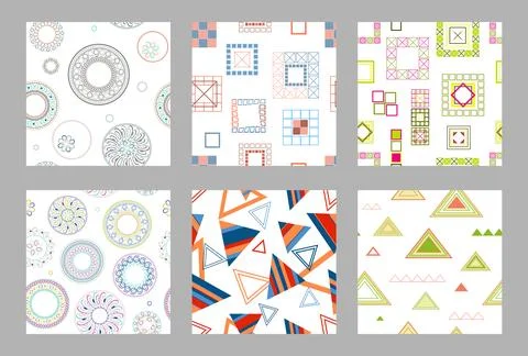 Seamless pattern of geometric shapes. Bright seamless pattern. Set of 6 pat.. Иллюстрация