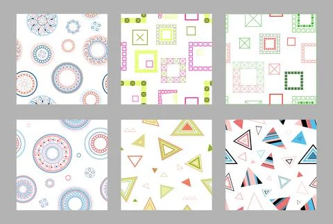 Seamless pattern of geometric shapes. Bright seamless pattern. Set of 6 pat.. Stock Illustration