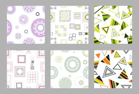 Seamless pattern of geometric shapes. Bright seamless pattern. Set of 6 pat.. Stock Illustration