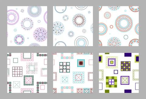 Seamless pattern of geometric shapes. Bright seamless pattern. Set of 6 pat.. Stock Illustration