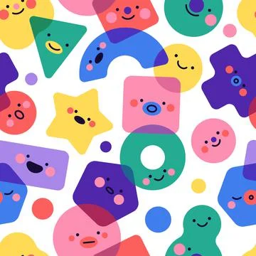 Seamless pattern geometric shapes with emotions. Funny color characters 스톡 일러스트
