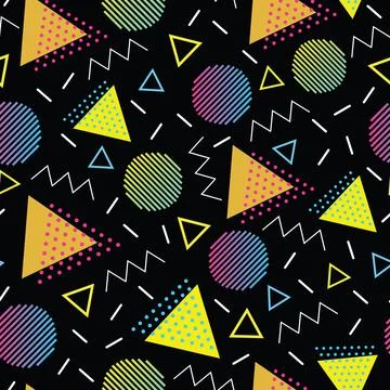 Seamless pattern with geometric shapes, Memphis style on black background Stock Illustration