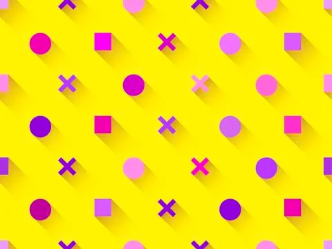 Seamless pattern with geometric shapes, square, circle with shadow on a yello 스톡 일러스트