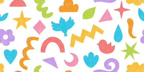 A seamless pattern with geometric shapes in various colors, hand-drawn in pencil 스톡 일러스트
