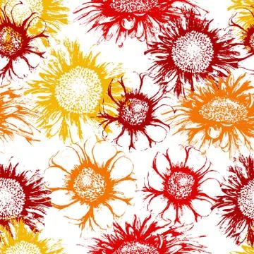 Seamless pattern with Gerbera daisies flowers ink painting style Stock Illustration