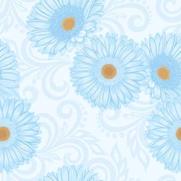 Seamless pattern with gerbera flowers and abstract floral swirls Illustrazione stock