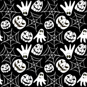 Seamless pattern with ghosts, scary faces, Jack lanterns, cobwebs. Vector bac Stock-Illustration