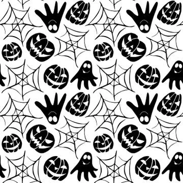 Seamless pattern with ghosts, scary faces, Jack lanterns, cobwebs. Vector bac Stock Illustration