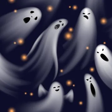 Seamless pattern ghosts. Spooky phantom characters, halloween flying shadows Illustrazione stock