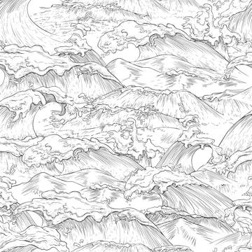 Seamless pattern with giant sea waves in hand drawn style, vector illustration. Stock Illustration