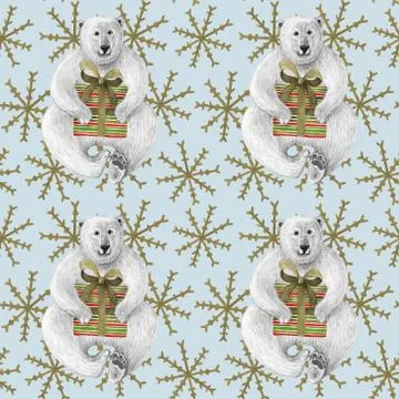 Seamless pattern with gift box and polar bear. Watercolor and pencil drawing. Stock Illustration