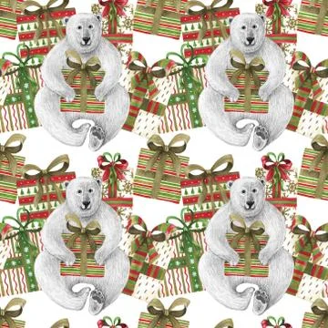 Seamless pattern with gift box and polar bear. Pencil drawing and watercolor. Stock Illustration