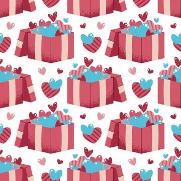 Seamless Pattern With Gift Box And Flying Hearts In Flat Style. Valentine's D 스톡 일러스트