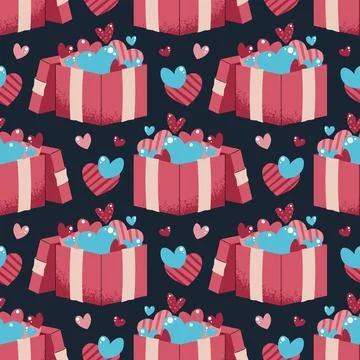 Seamless Pattern With Gift Box And Flying Hearts In Flat Style. Valentine's D Stock Illustration