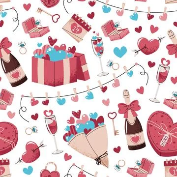 Seamless Pattern With Gift Box, Champagne, Bouquet And Hearts In Flat Style.  Illustrazione stock