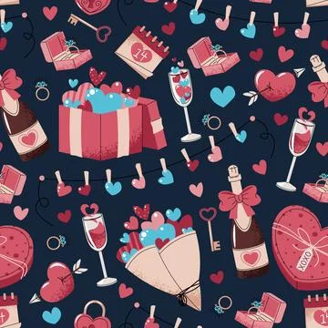 Seamless Pattern With Gift Box, Champagne, Bouquet And Hearts In Flat Style.  Stock Illustration