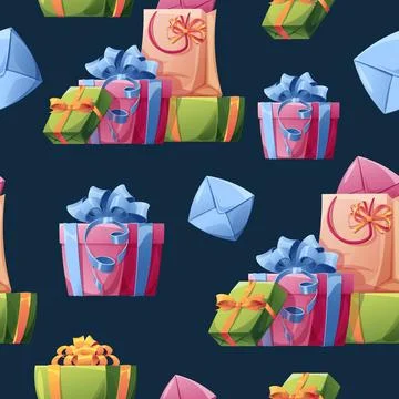 Seamless pattern with gift box, confetti, serpentine. Background with festive Stock Illustration