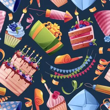 Seamless pattern with gift box, confetti, party hat, cake. Background with .. Stock Illustration