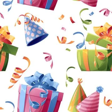 Seamless pattern with gift box, confetti, party hat. Background with festive  イラスト素材