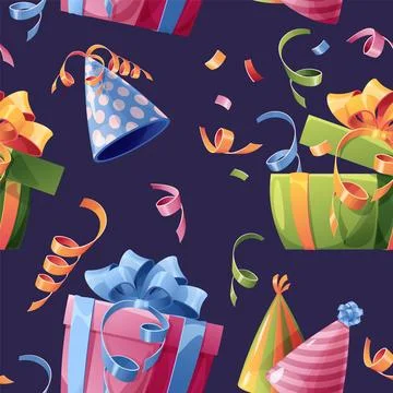 Seamless pattern with gift box, confetti, party hat. Background with festive  스톡 일러스트