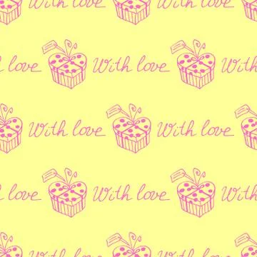 Seamless pattern with gift boxes and hearts. Cute hand drawn doodles. Concept Stock Illustration