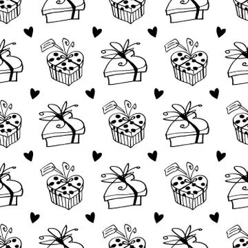 Seamless pattern with gift boxes and hearts. Cute hand drawn doodles. Concept Stock Illustration