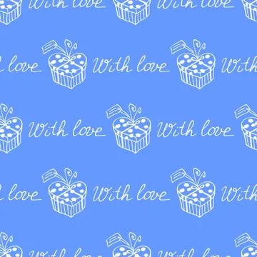 Seamless pattern with gift boxes and hearts. Cute hand drawn doodles. Concept Stock Illustration