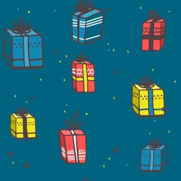 Seamless pattern of gift boxes and stars, white on blue. doodle Hand drawn Stock Illustration