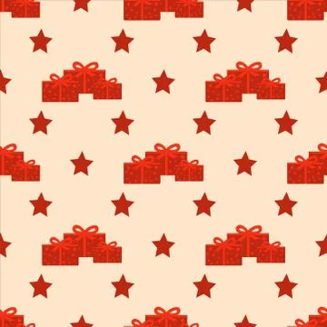 Seamless pattern with gift boxes and stars in red Stock Illustration