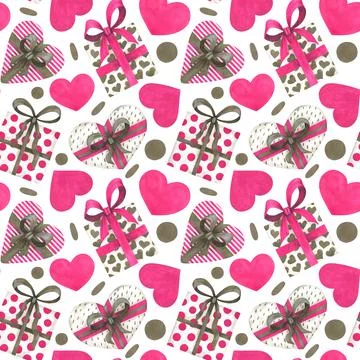 Seamless pattern with gift boxes and hearts. Watercolor illustration. Illustrazione stock