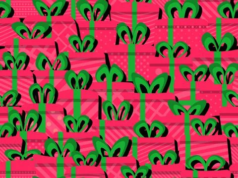 Seamless pattern with gift boxes and green ribbon. Gift boxes in flat style イラスト素材