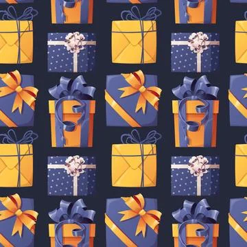 Seamless pattern with gift boxes and ribbons and bows. Background for New Y.. Stock Illustration
