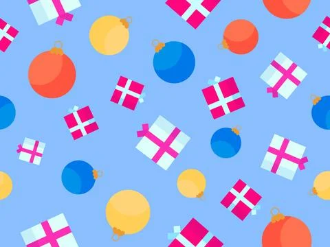Seamless pattern with gift boxes and christmas balls. Christmas decorations.. Illustrazione stock