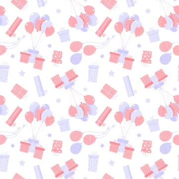 Seamless pattern with gift boxes with a bow and balloons. Holiday present fly Stock Illustration