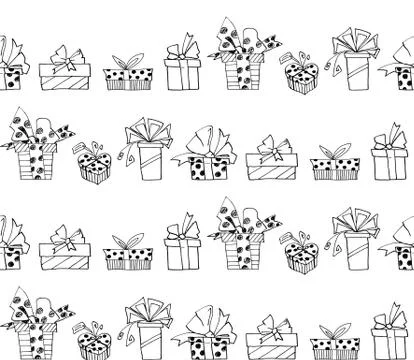 Seamless pattern with gift boxes bows and ribbons. Cute hand drawn doodles. C Stock Illustration