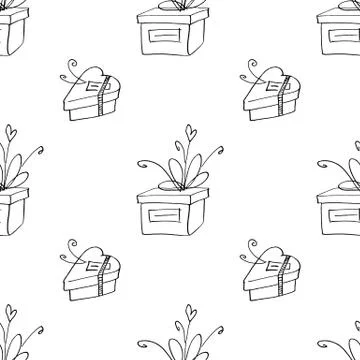 Seamless pattern with gift boxes bows and ribbons. Cute hand drawn doodles. C Stock Illustration